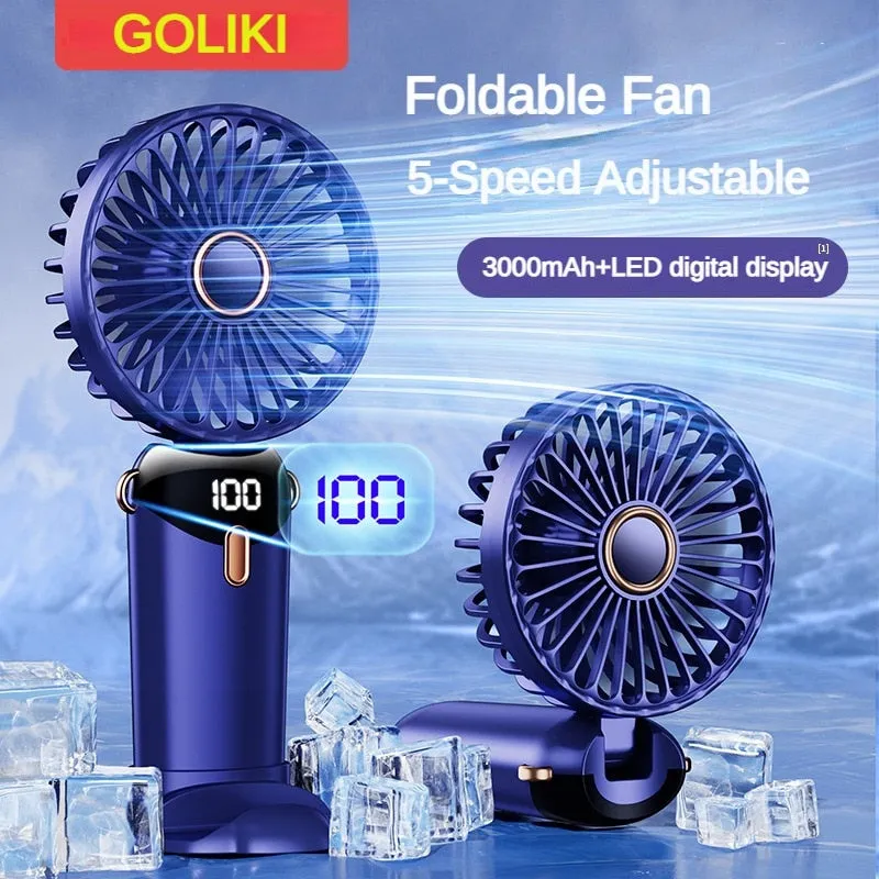 3000mAh Handheld Mini Fan Foldable Portable Neck Hanging Fans 5 Speed USB Rechargeable Fan with Phon