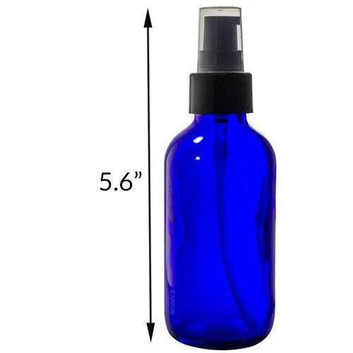 4 oz Cobalt Blue Glass Bottle 6 pc Starter Kit: Includes 3-10ml Roll On, 1-4 oz Boston Round Spray Mister, 1-4 oz Boston Round Treatment Pump, 1-4 oz Boston Round Dropper Bottle   Clear Travel Bag