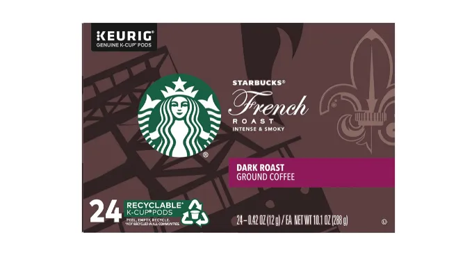 (50¢ Each!) 144-Count: Starbucks French Roast Coffee K-Cup Pods, Dark Roast, 6 Boxes of 24 (Recently Past Best By Date) - Ships quick!