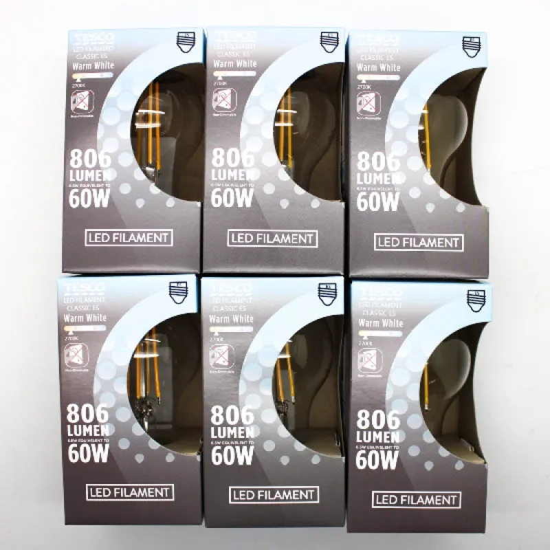 6 Pack of Tesco LED Filament Classic 60W ES Warm White