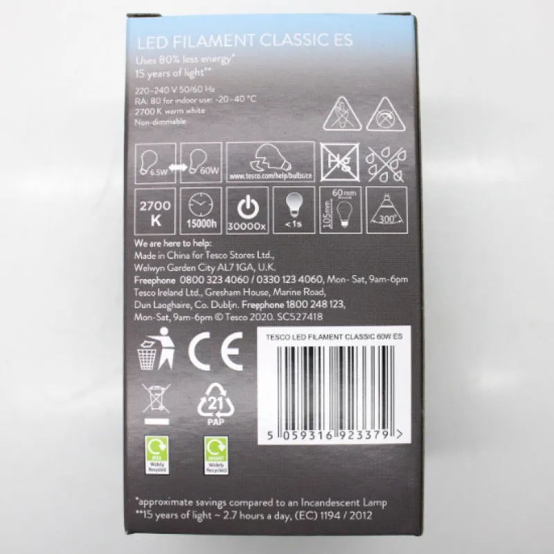 6 Pack of Tesco LED Filament Classic 60W ES Warm White