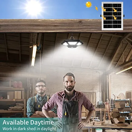 AEQ Solar Shed Light Solar Pendant Light Indoor Outdoor Work in Daytime with Remote Control, 360° Lighting Waterproof Solar Indoor Lights with Motion Sensor/Timer/5 Modes for Home Shed Garage Barn