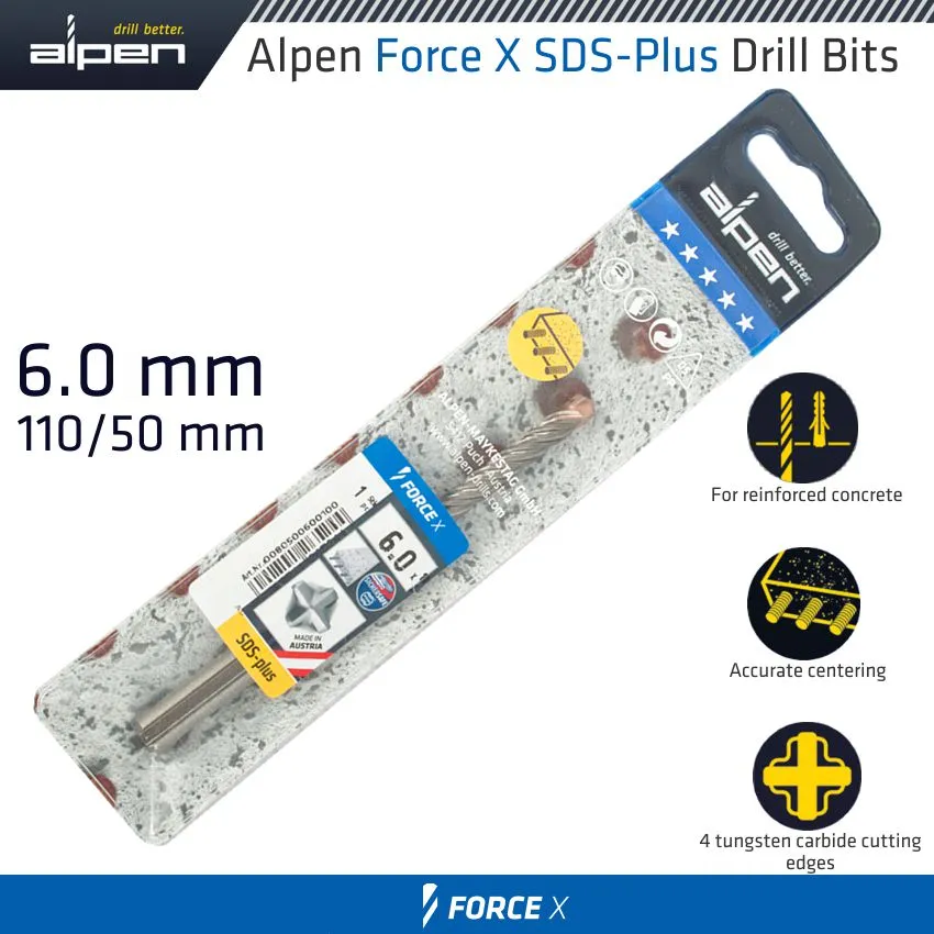 ALPEN FORCE X 6.0 x 110/050 SDS-PLUS DRILL BIT X4 CUTTING EDGES ALP805006