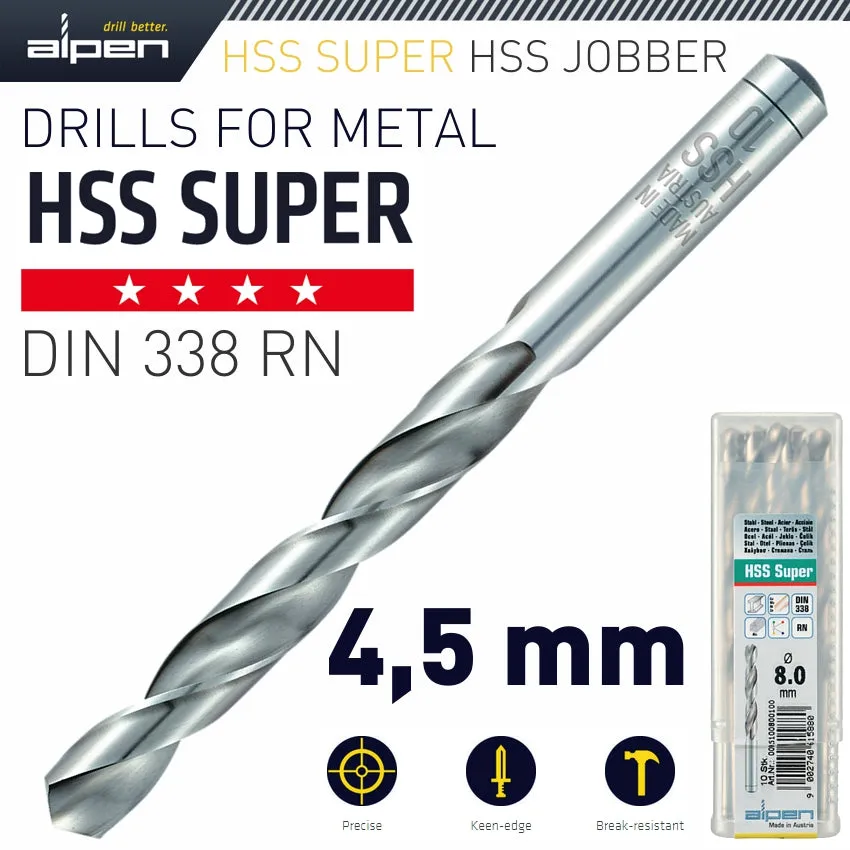 ALPEN HSS SUPER DRILL BIT 4.5MM BULK ALP951045