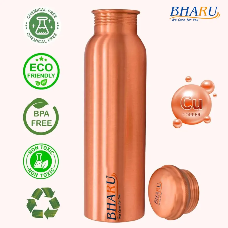 Bharu Plain Copper Bottle 750 ml & 2 pcs Plain Copper Glass