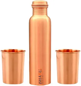 Bharu Plain Copper Bottle 750 ml & 2 pcs Plain Copper Glass