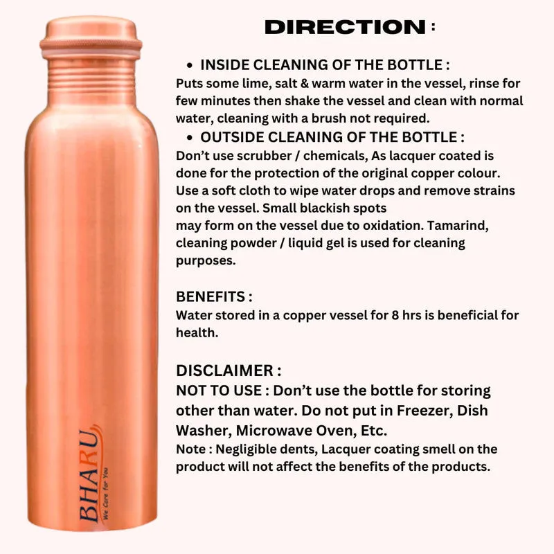 Bharu Plain Copper Bottle 750 ml & 2 pcs Plain Copper Glass