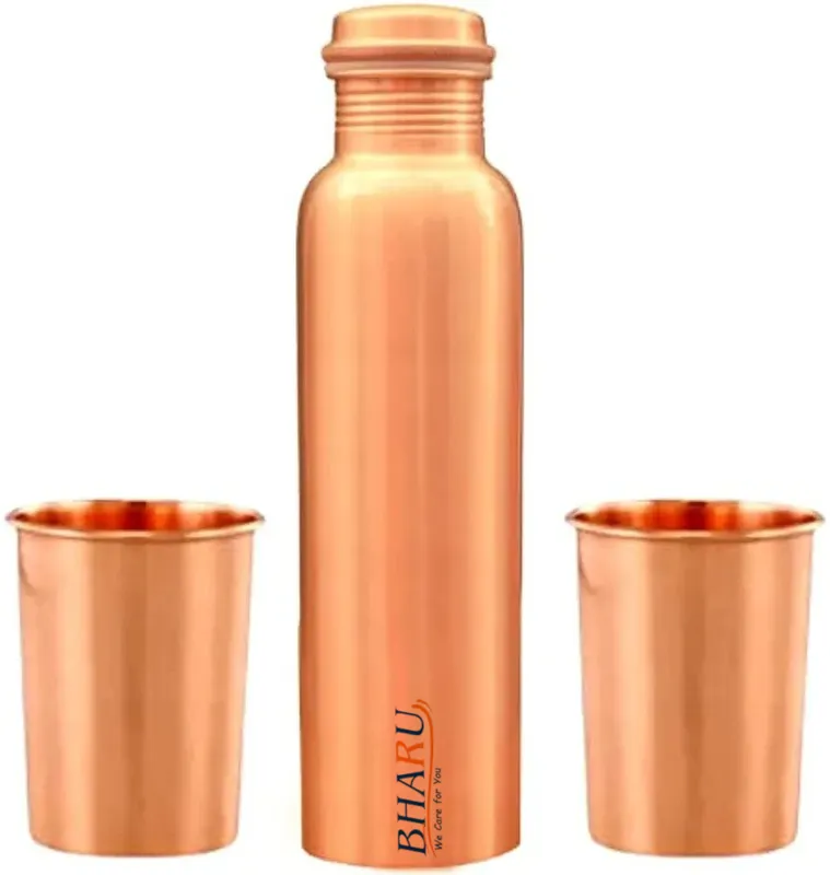 Bharu Plain Copper Bottle 750 ml & 2 pcs Plain Copper Glass