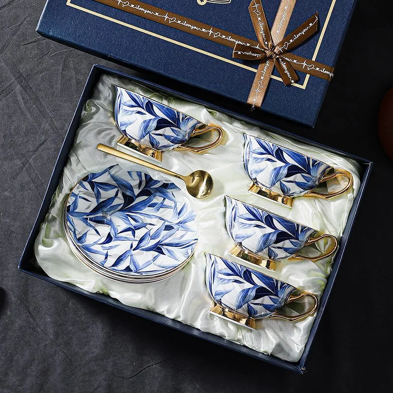 Blue Bone China Porcelain Tea Cup Set, Elegant British Ceramic Coffee Cups, Unique British Tea Cup and Saucer in Gift Box