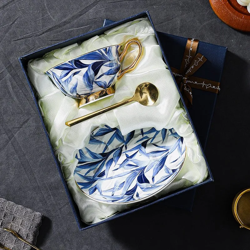 Blue Bone China Porcelain Tea Cup Set, Elegant British Ceramic Coffee Cups, Unique British Tea Cup and Saucer in Gift Box