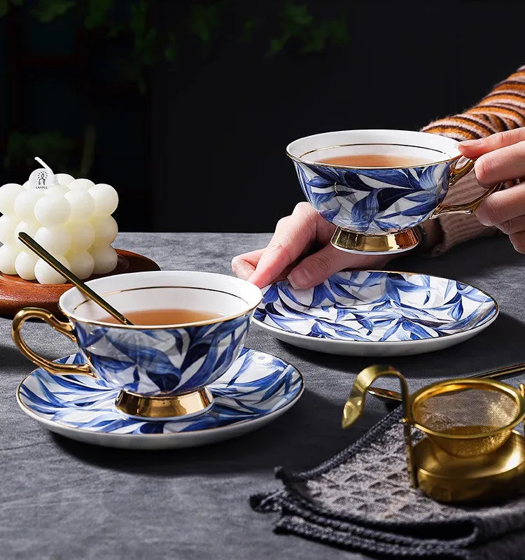 Blue Bone China Porcelain Tea Cup Set, Elegant British Ceramic Coffee Cups, Unique British Tea Cup and Saucer in Gift Box