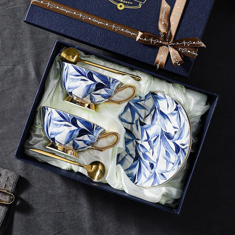 Blue Bone China Porcelain Tea Cup Set, Elegant British Ceramic Coffee Cups, Unique British Tea Cup and Saucer in Gift Box