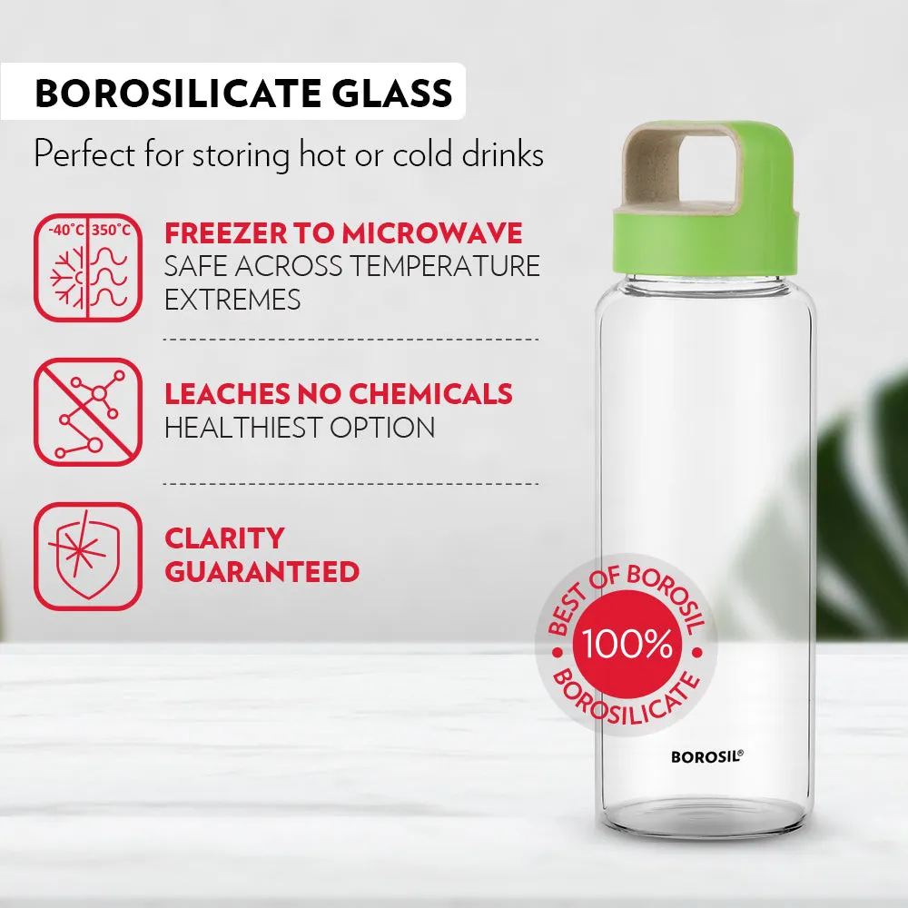 Borosil Crysto Glass Bottle w Green Lid - Personalise