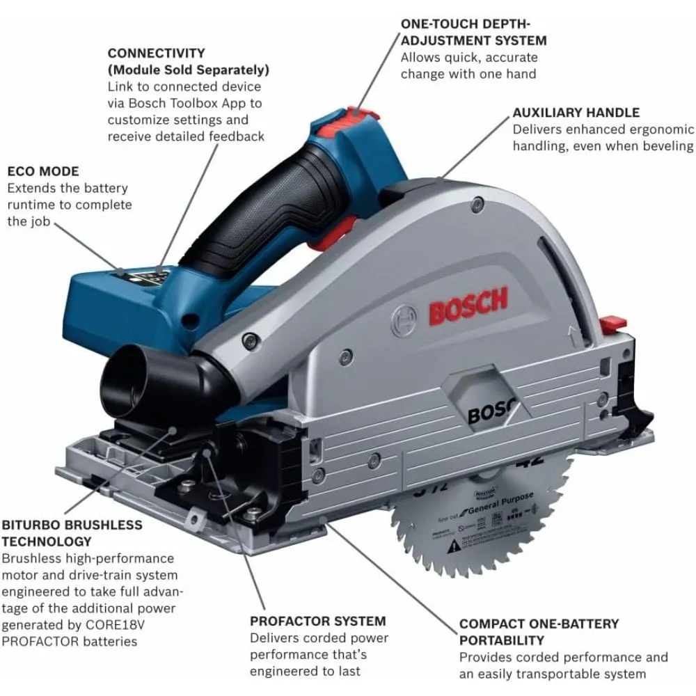 Bosch GKT18V-20GCL PROFACTOR 18V Connected-Ready 5-1/2 In. Track Saw with Plunge Action (Bare Tool)