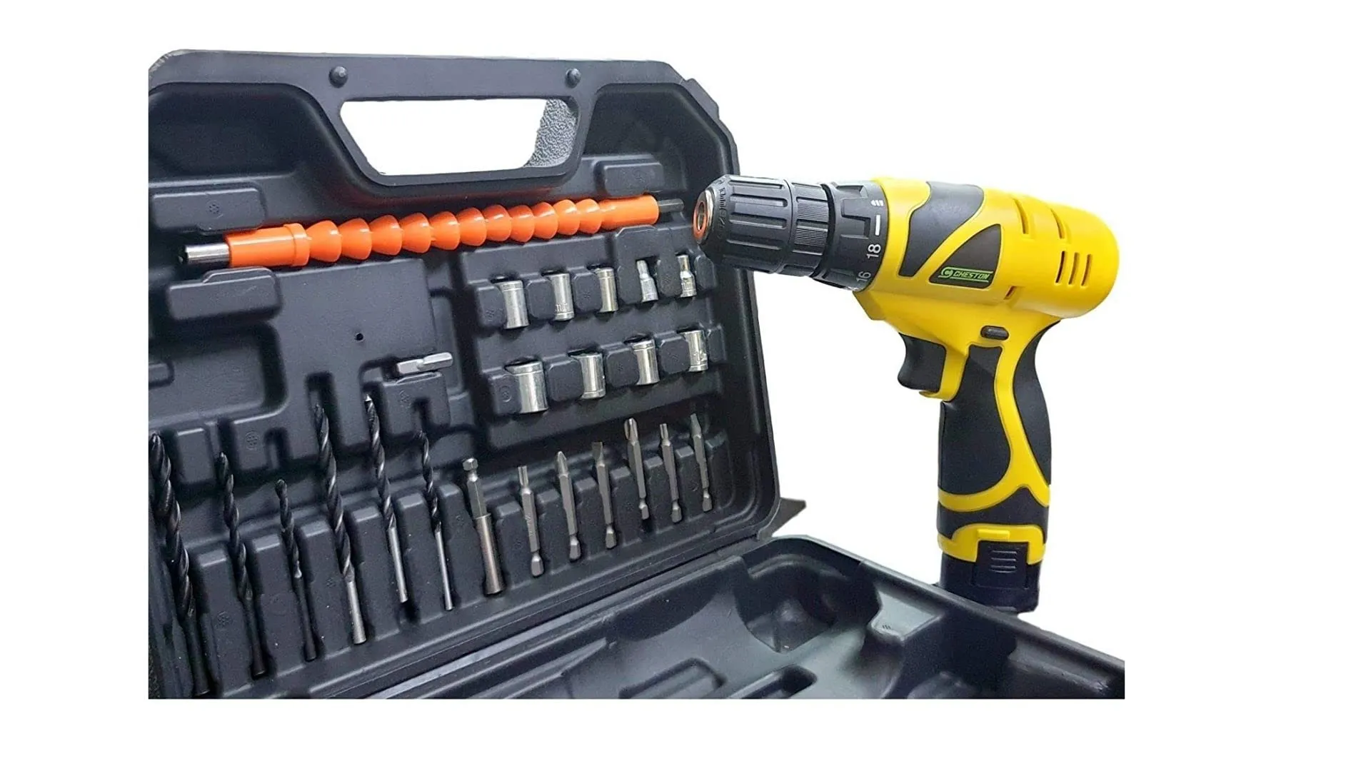 Cheston 12V Cordless Drill Machine Screwdriver Kit|10mm Keyless Chuck|2 Lithium-ion 2000 MAH Batteries|Torque setting (18 1)|1350 RPM|Reversible Variable Speed|24drill bits in tool kit case, yellow