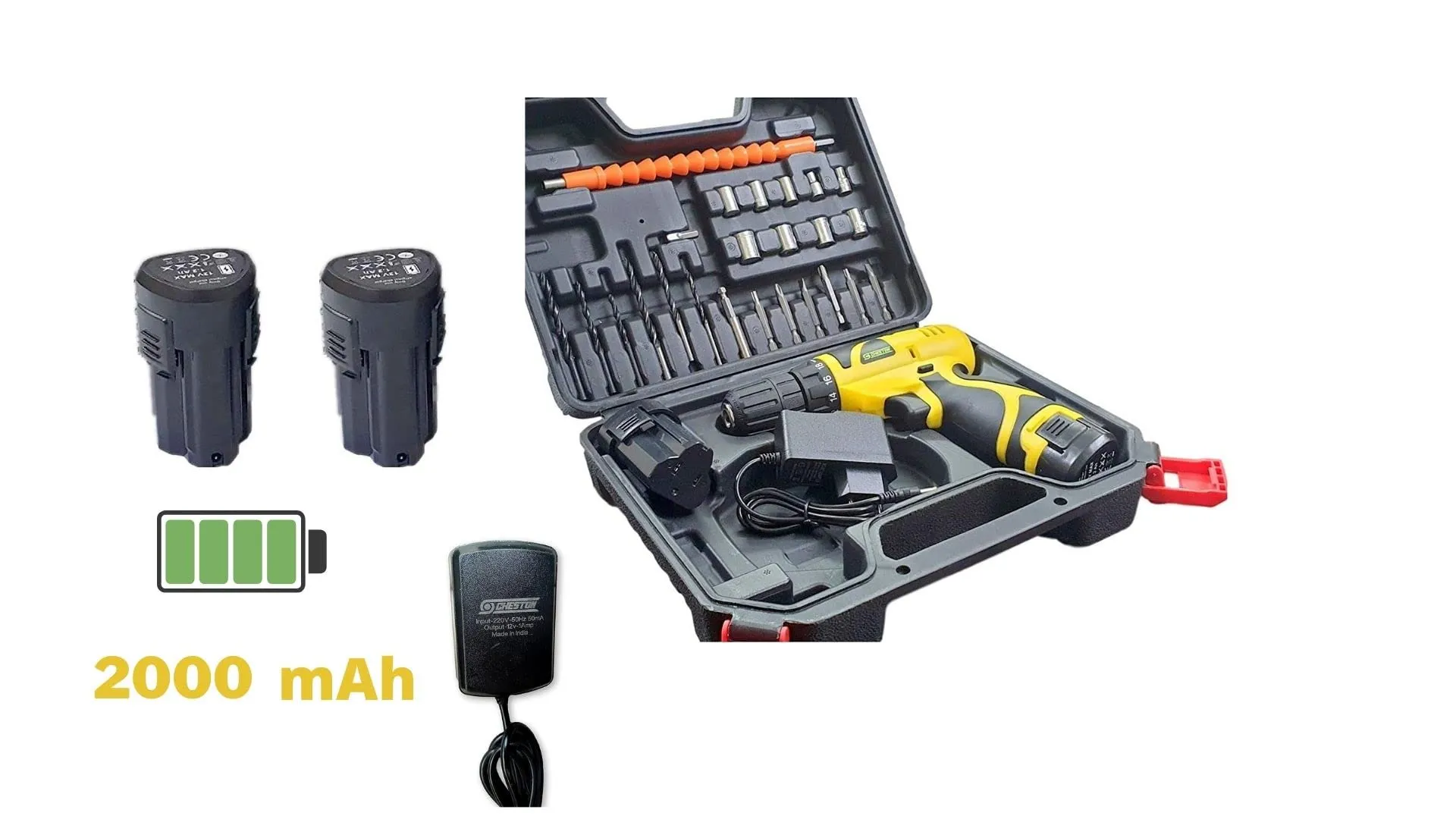 Cheston 12V Cordless Drill Machine Screwdriver Kit|10mm Keyless Chuck|2 Lithium-ion 2000 MAH Batteries|Torque setting (18 1)|1350 RPM|Reversible Variable Speed|24drill bits in tool kit case, yellow