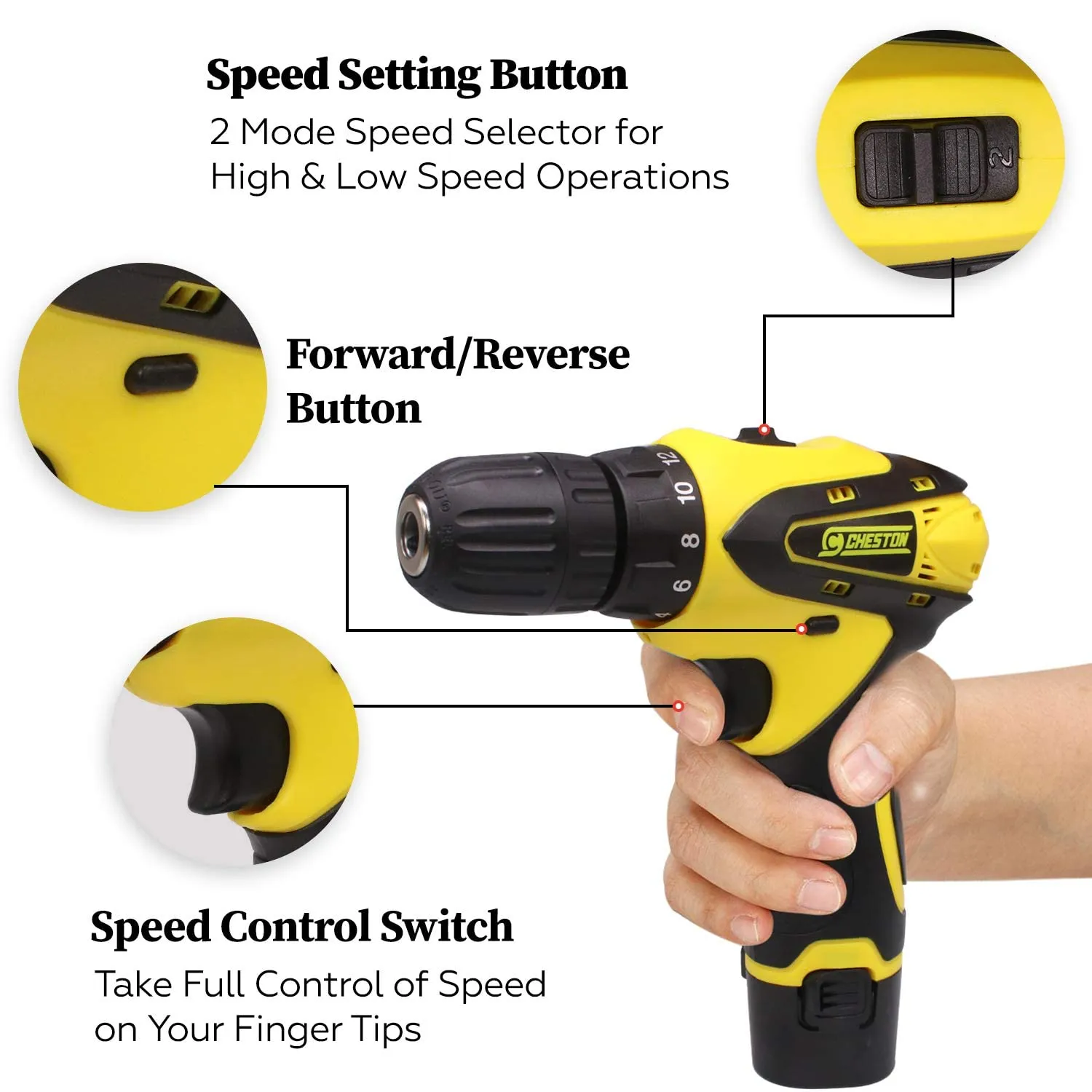 Cheston 12V Cordless Drill Machine Screwdriver Kit|10mm Keyless Chuck|2 Lithium-ion 2000 MAH Batteries|Torque setting (18 1)|1350 RPM|Reversible Variable Speed|24drill bits in tool kit case, yellow