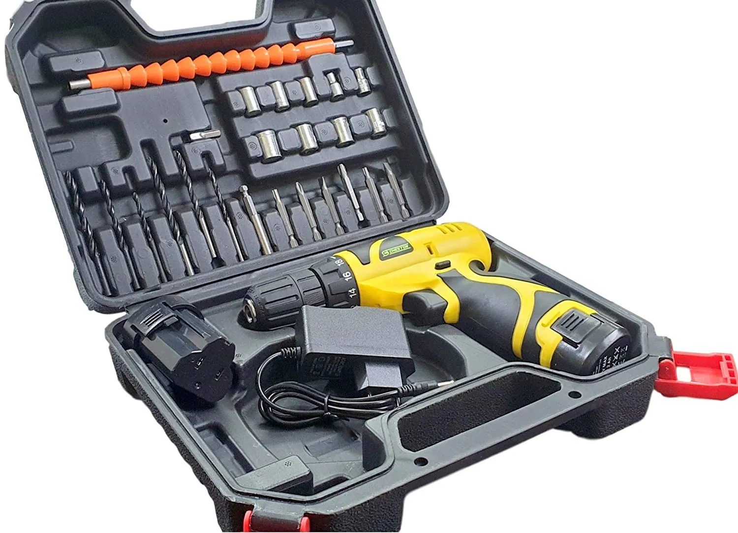 Cheston 12V Cordless Drill Machine Screwdriver Kit|10mm Keyless Chuck|2 Lithium-ion 2000 MAH Batteries|Torque setting (18 1)|1350 RPM|Reversible Variable Speed|24drill bits in tool kit case, yellow