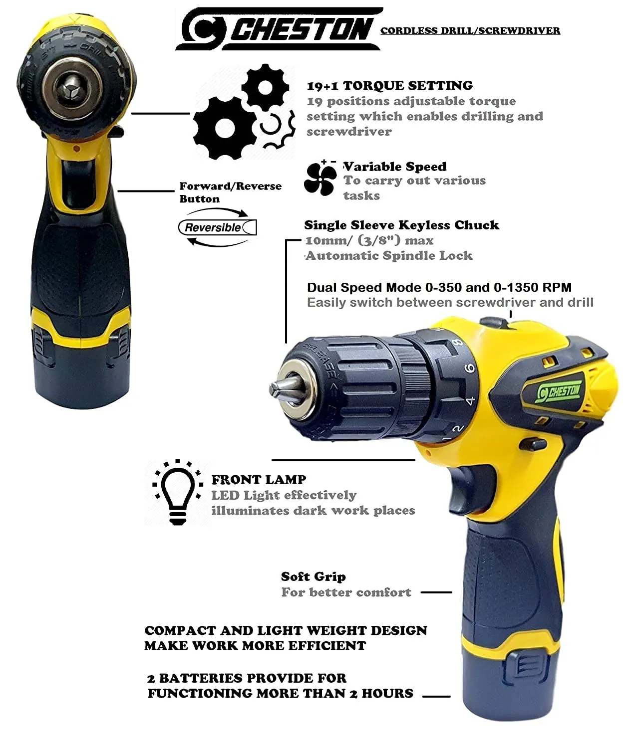 Cheston 12V Cordless Drill Machine Screwdriver Kit|10mm Keyless Chuck|2 Lithium-ion 2000 MAH Batteries|Torque setting (18 1)|1350 RPM|Reversible Variable Speed|24drill bits in tool kit case, yellow