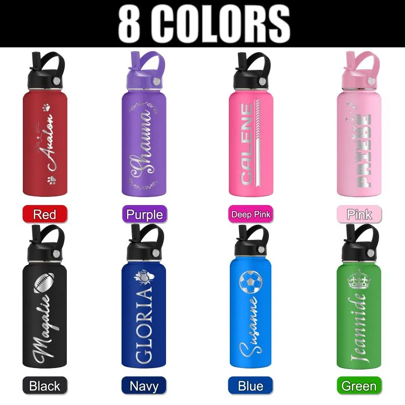 Custom Water Bottles 12oz/18oz/24oz/32oz/40oz Bulk, Personalized Stainless Steel Insulated Bottle Engraved Logo Name for School Kids Adult