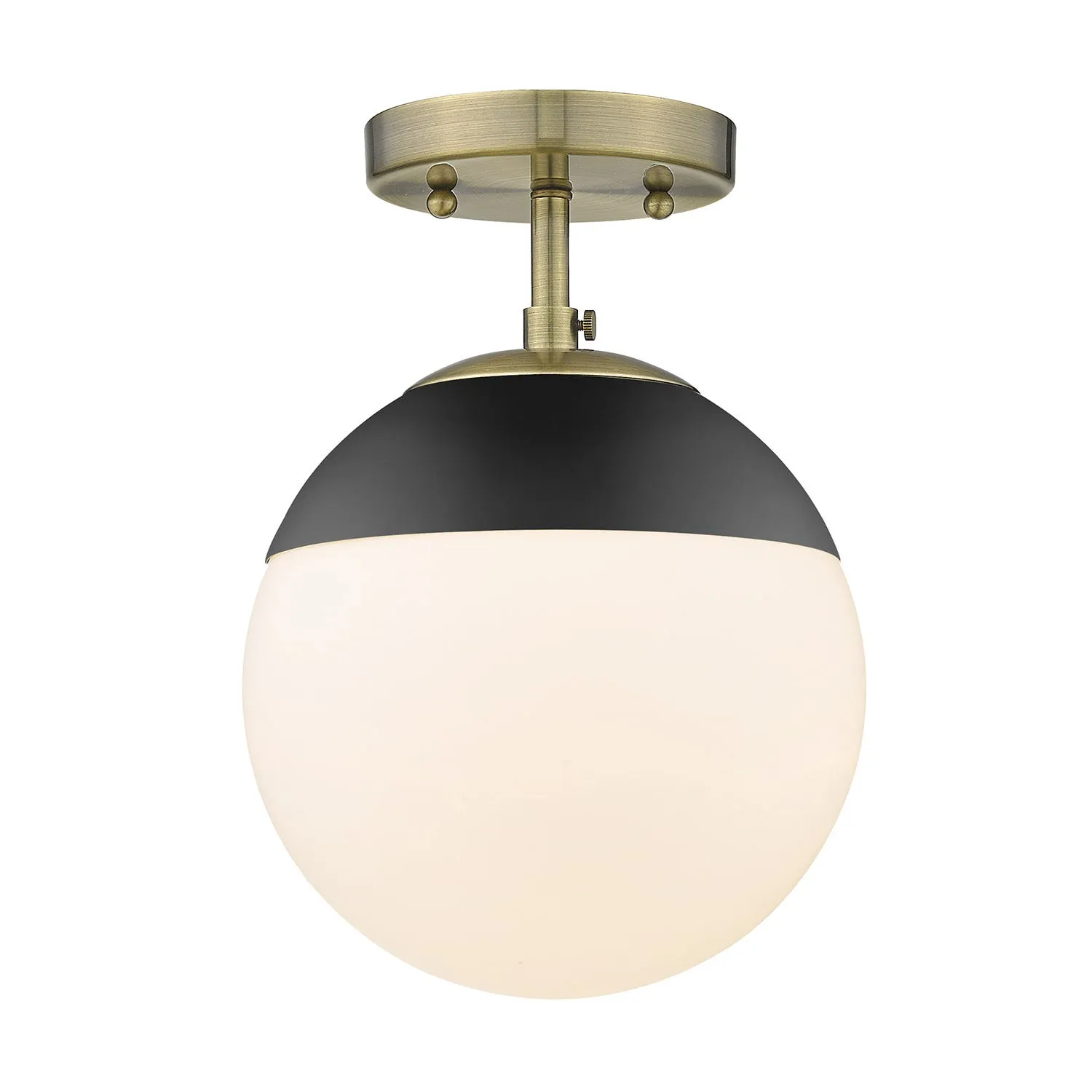 Dixon Semi-Flush in Aged Brass with Opal Glass and Matte Black Cap