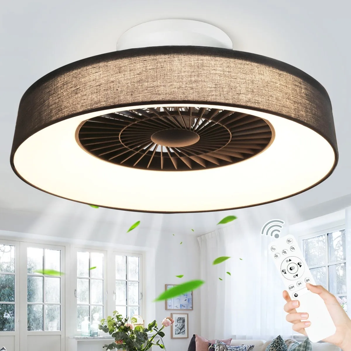 DLLT Modern Flush Mount Ceiling Fan with Lights- 22'' / 18'' Dimmable Low Profile Indoor Ceiling Fans with Remote Control, Smart 3 Light Color Change and Timing for Bedroom Living Room Kitchen, Black