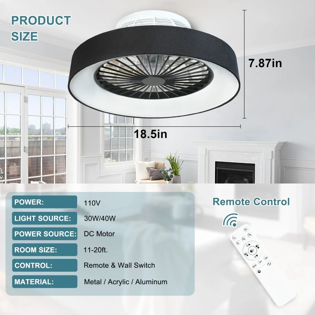 DLLT Modern Flush Mount Ceiling Fan with Lights- 22'' / 18'' Dimmable Low Profile Indoor Ceiling Fans with Remote Control, Smart 3 Light Color Change and Timing for Bedroom Living Room Kitchen, Black