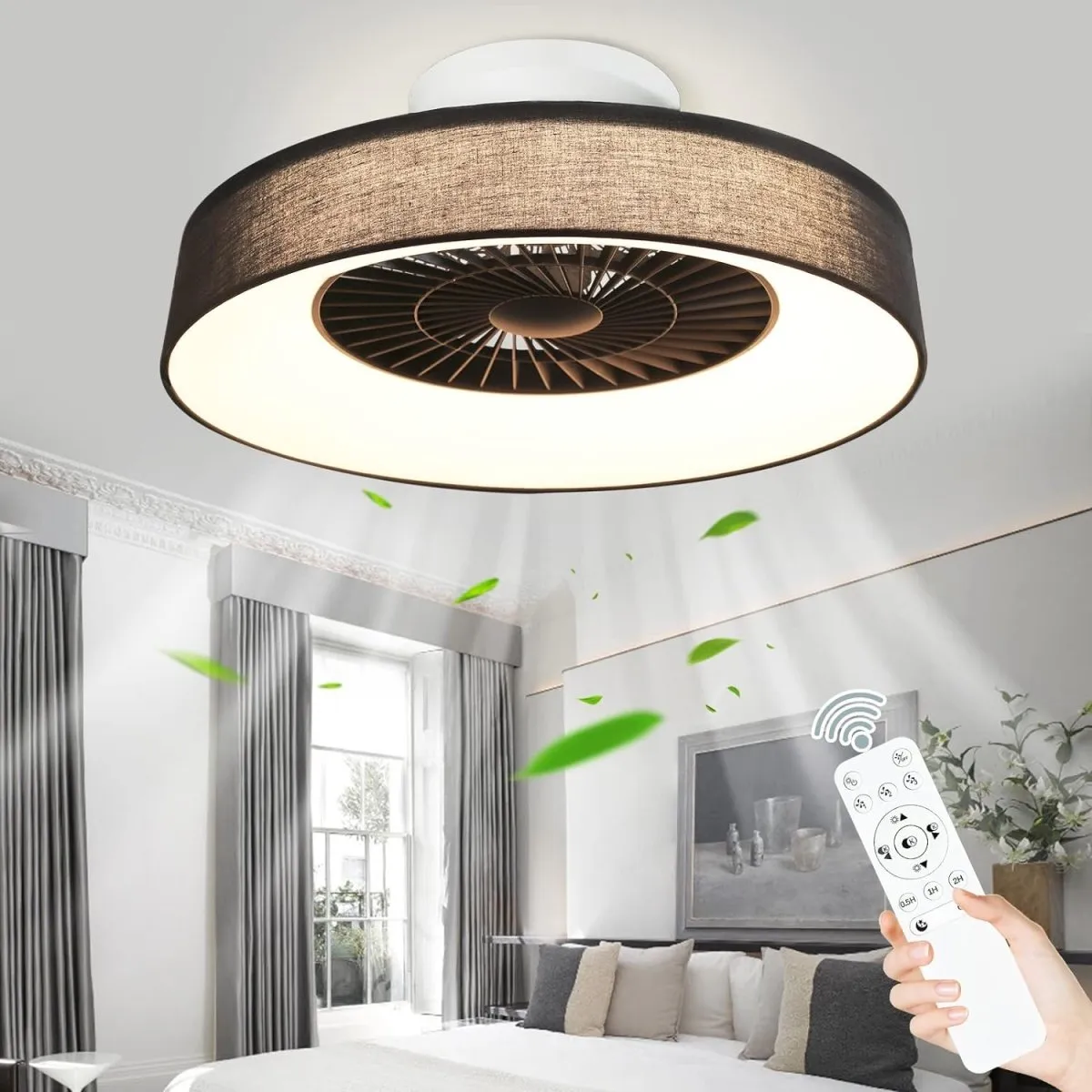 DLLT Modern Flush Mount Ceiling Fan with Lights- 22'' / 18'' Dimmable Low Profile Indoor Ceiling Fans with Remote Control, Smart 3 Light Color Change and Timing for Bedroom Living Room Kitchen, Black