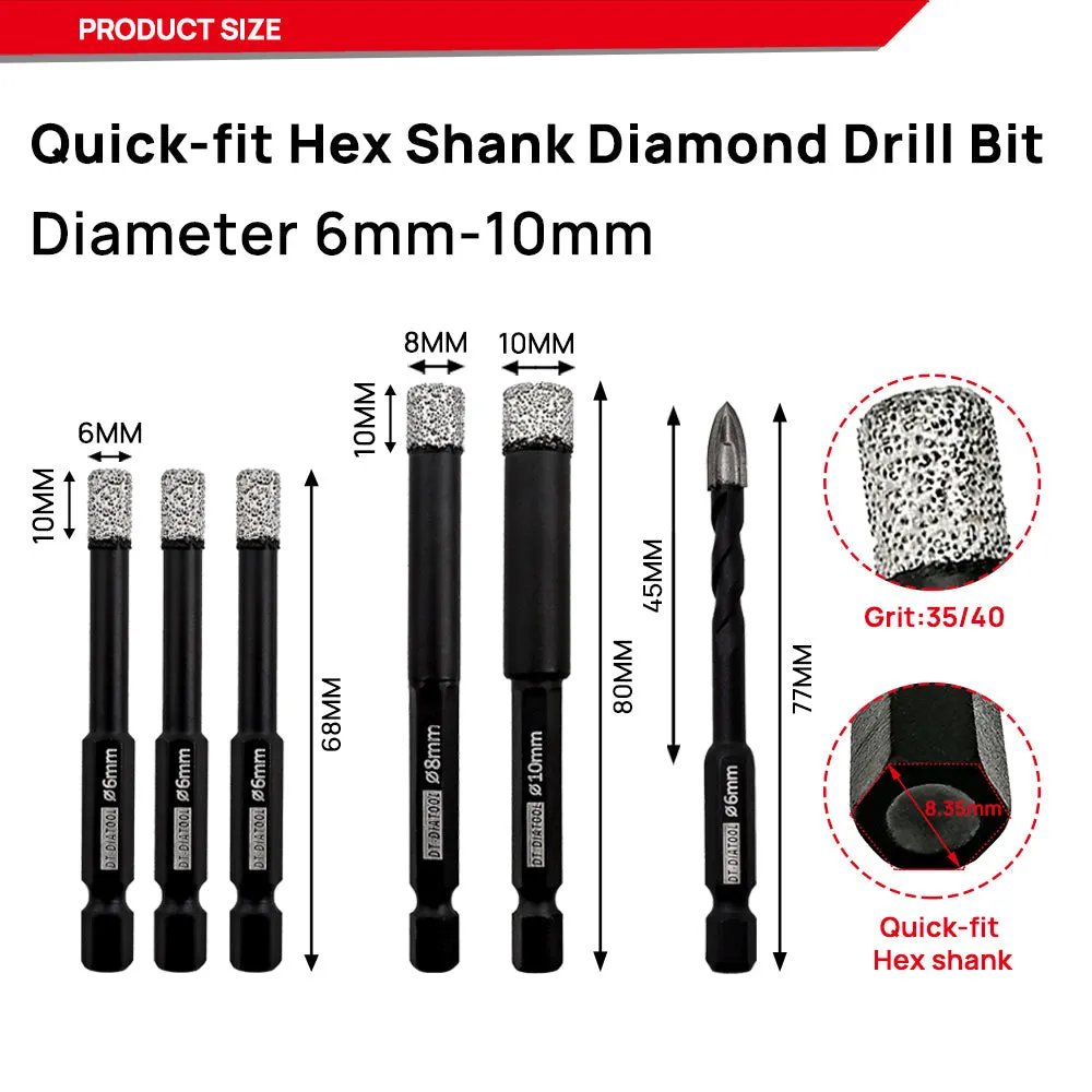 DT-DIATOOL Dry Vacuum Brazed Diamond Drilling Core Bits with 6mm Carbide Triangular Drill for Granite Marble Tile Porcelain Ceramic 6pcs/set Dia 6/6/6/8/10mm