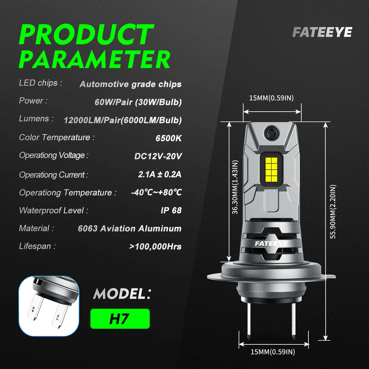 FATEEYE F10 SERIRE H7 MODEL 60W 12000LM HIGH QUALITY LED HEADLIGHTS BULBS