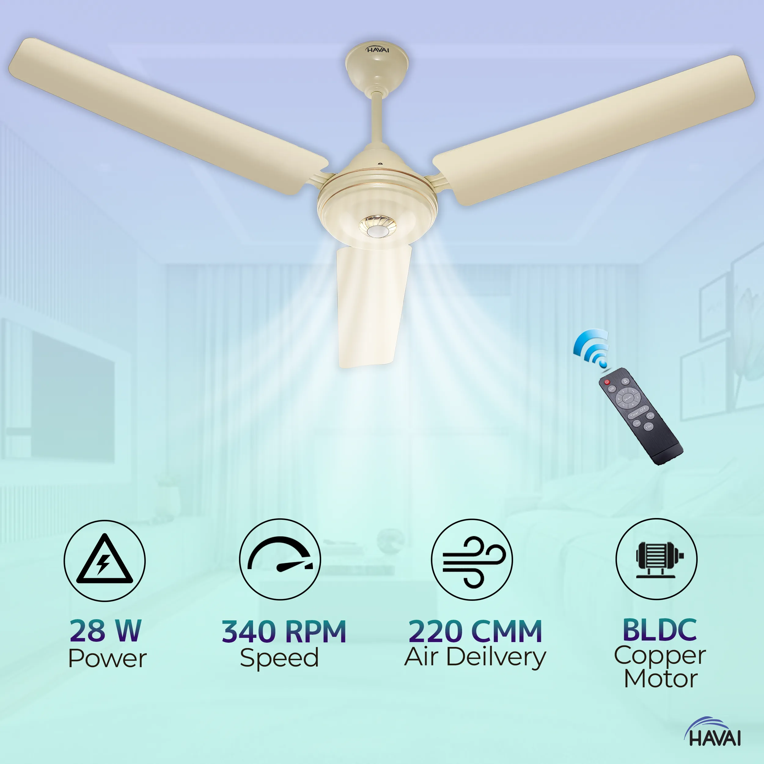 HAVAI Spinel BLDC Ceiling Fan 28W, 1200mm Blade with Remote - Ivory