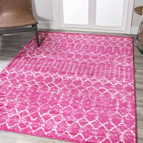 Moroccan Boho Vintage Diamond Area Rug 4x6 Fuchsia Ivory Easy Cleaning Shedding