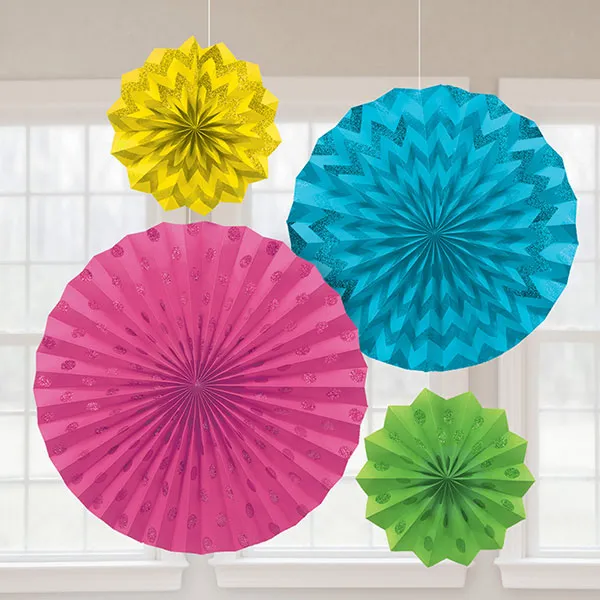 Multi Colour Glitter Paper Fans 4pk