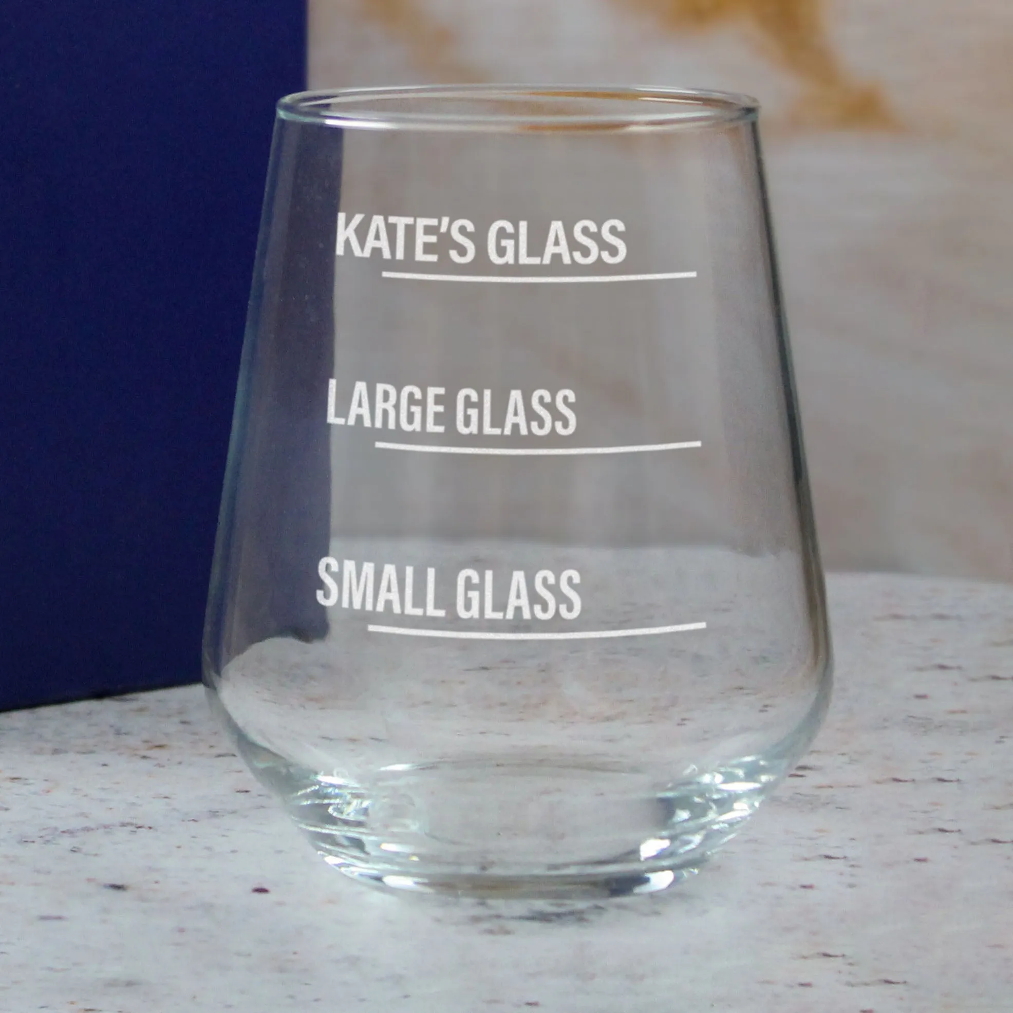 Personalised Engraved Stemless Allegra Wine Glass with Name's Glass Bold Measurements Design, Customise with Any Name