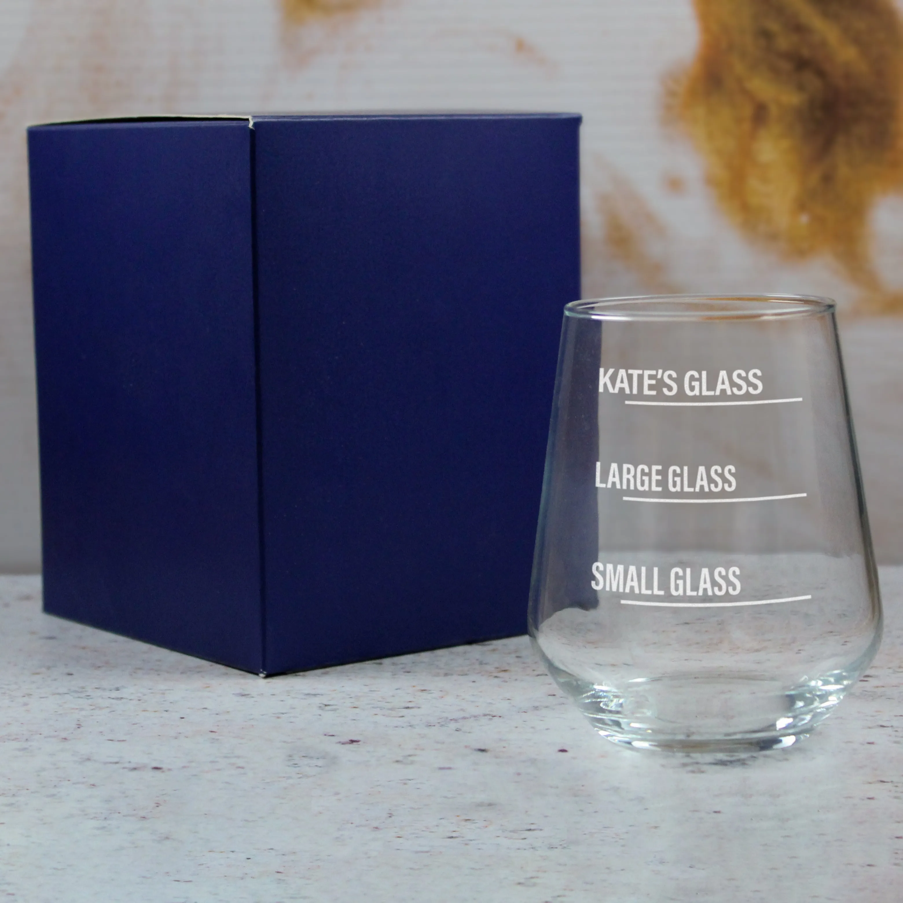 Personalised Engraved Stemless Allegra Wine Glass with Name's Glass Bold Measurements Design, Customise with Any Name