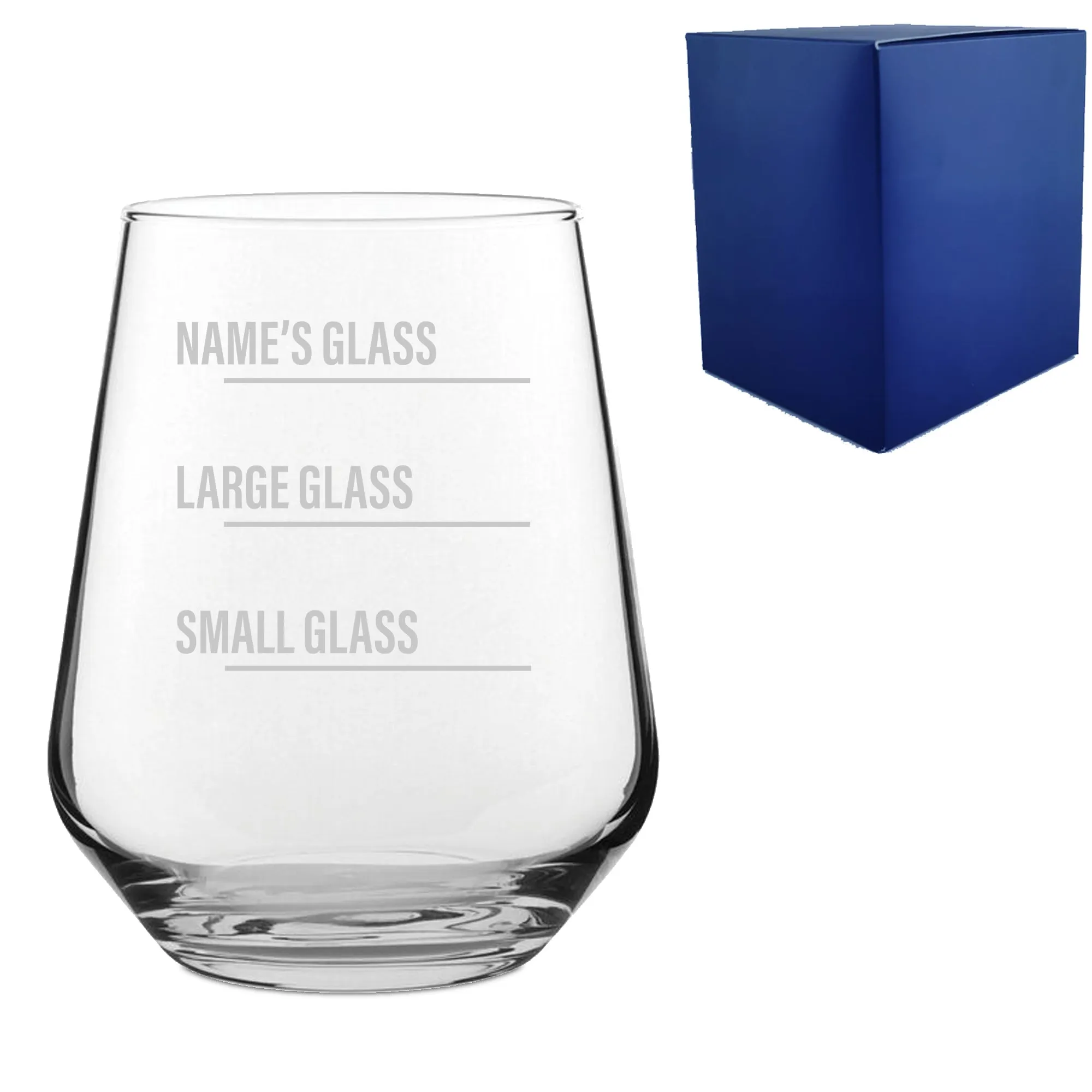 Personalised Engraved Stemless Allegra Wine Glass with Name's Glass Bold Measurements Design, Customise with Any Name