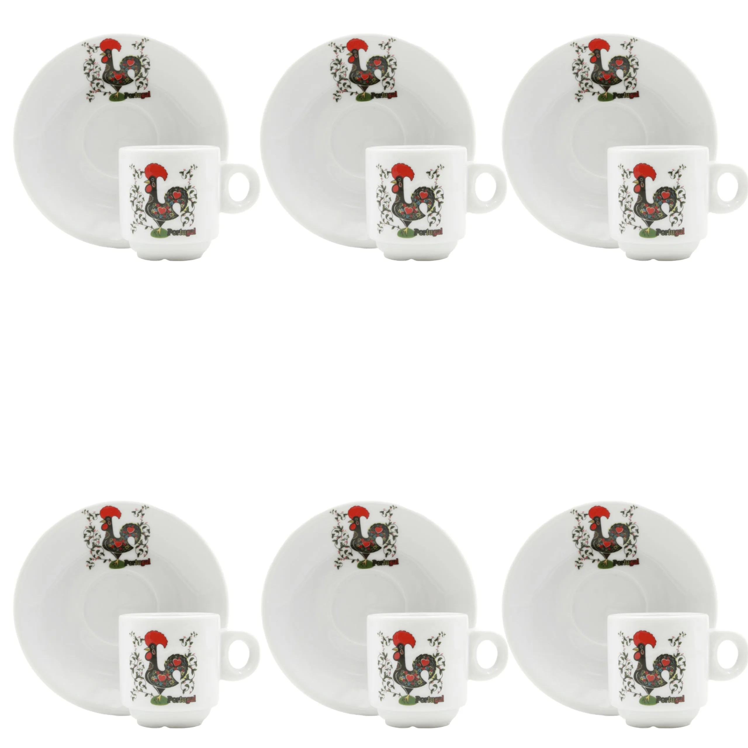 Portuguese Rooster with Flowers Espresso Cup and Saucers with Gift Box, Set of 6