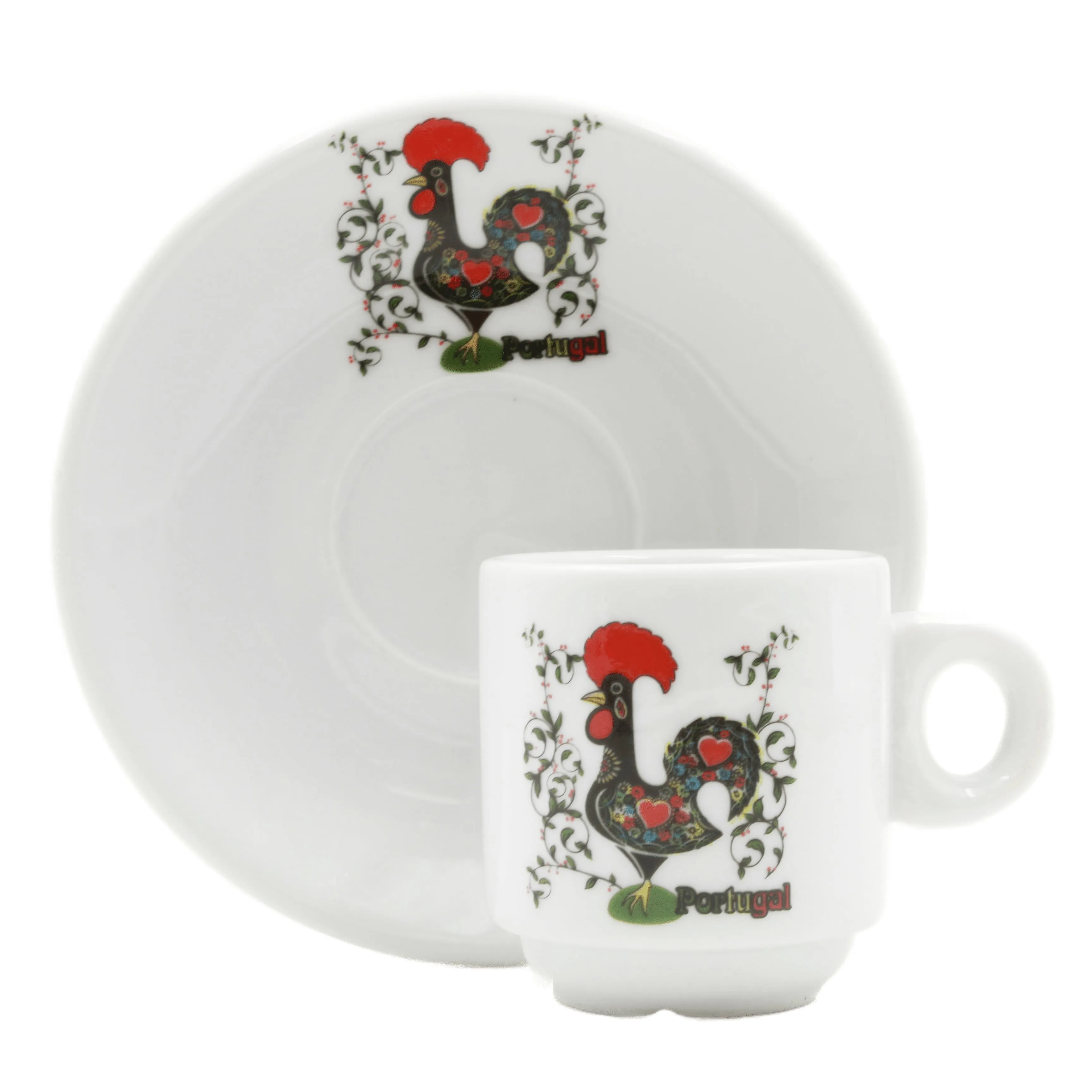 Portuguese Rooster with Flowers Espresso Cup and Saucers with Gift Box, Set of 6