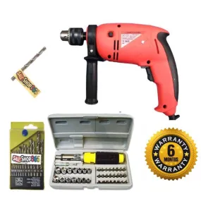 Powerful 13 mm Impact Drill Machine Reverse Forward 700 watt with 13 Hss Drill Set and 1 Masonry bit with 41 pcs Toolkit screwdriver set