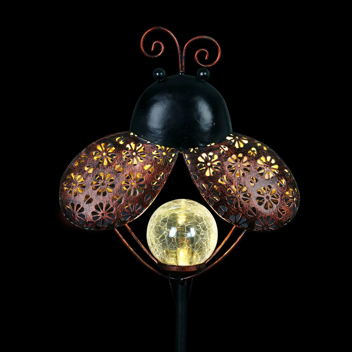 Solar Filigree Metal Ladybug Stake with Glass Crackle Ball Center in Bronze, 7.5 by 39 Inches