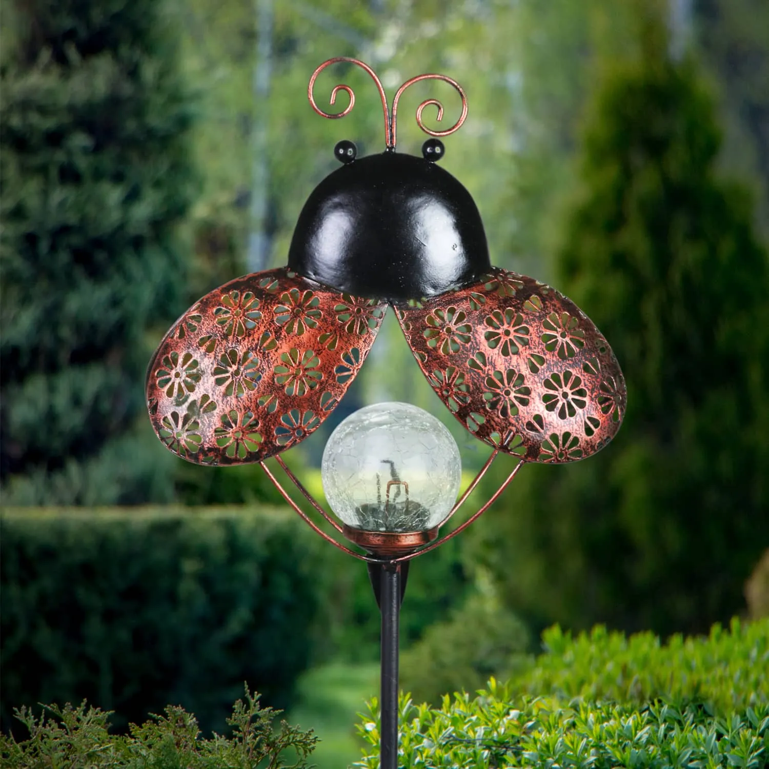 Solar Filigree Metal Ladybug Stake with Glass Crackle Ball Center in Bronze, 7.5 by 39 Inches