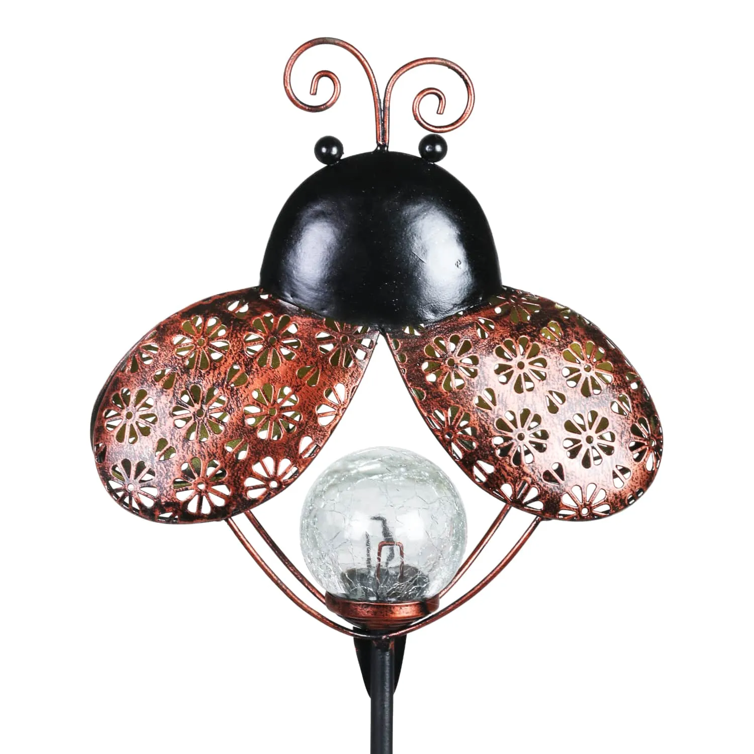 Solar Filigree Metal Ladybug Stake with Glass Crackle Ball Center in Bronze, 7.5 by 39 Inches