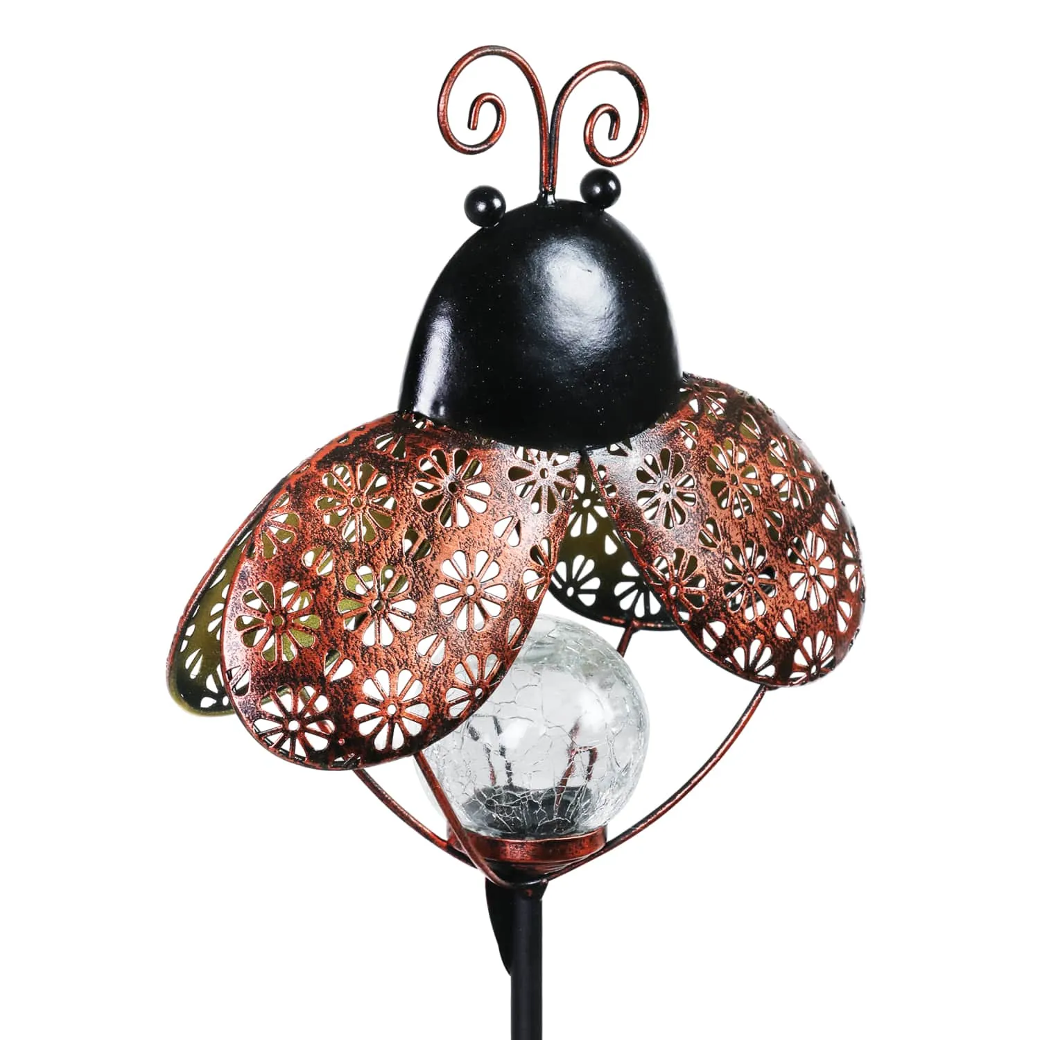 Solar Filigree Metal Ladybug Stake with Glass Crackle Ball Center in Bronze, 7.5 by 39 Inches