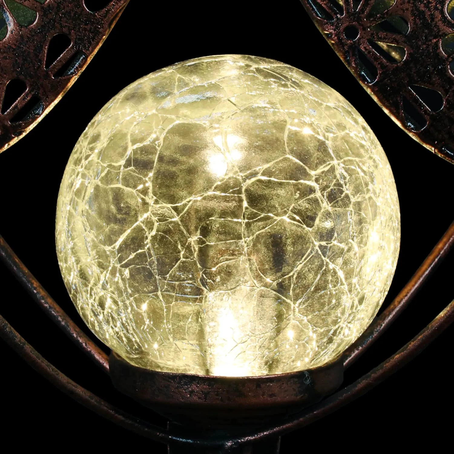 Solar Filigree Metal Ladybug Stake with Glass Crackle Ball Center in Bronze, 7.5 by 39 Inches