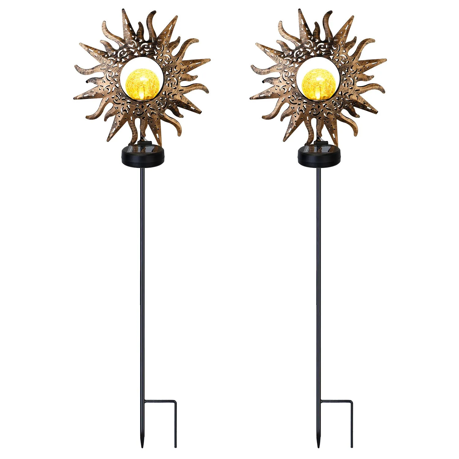 Solar Powered Sun Stake Lamp IP54 Waterproof Decorative Lamp Crackle Glass Globe Stake Lights For Garden Lawn Yard Driveway