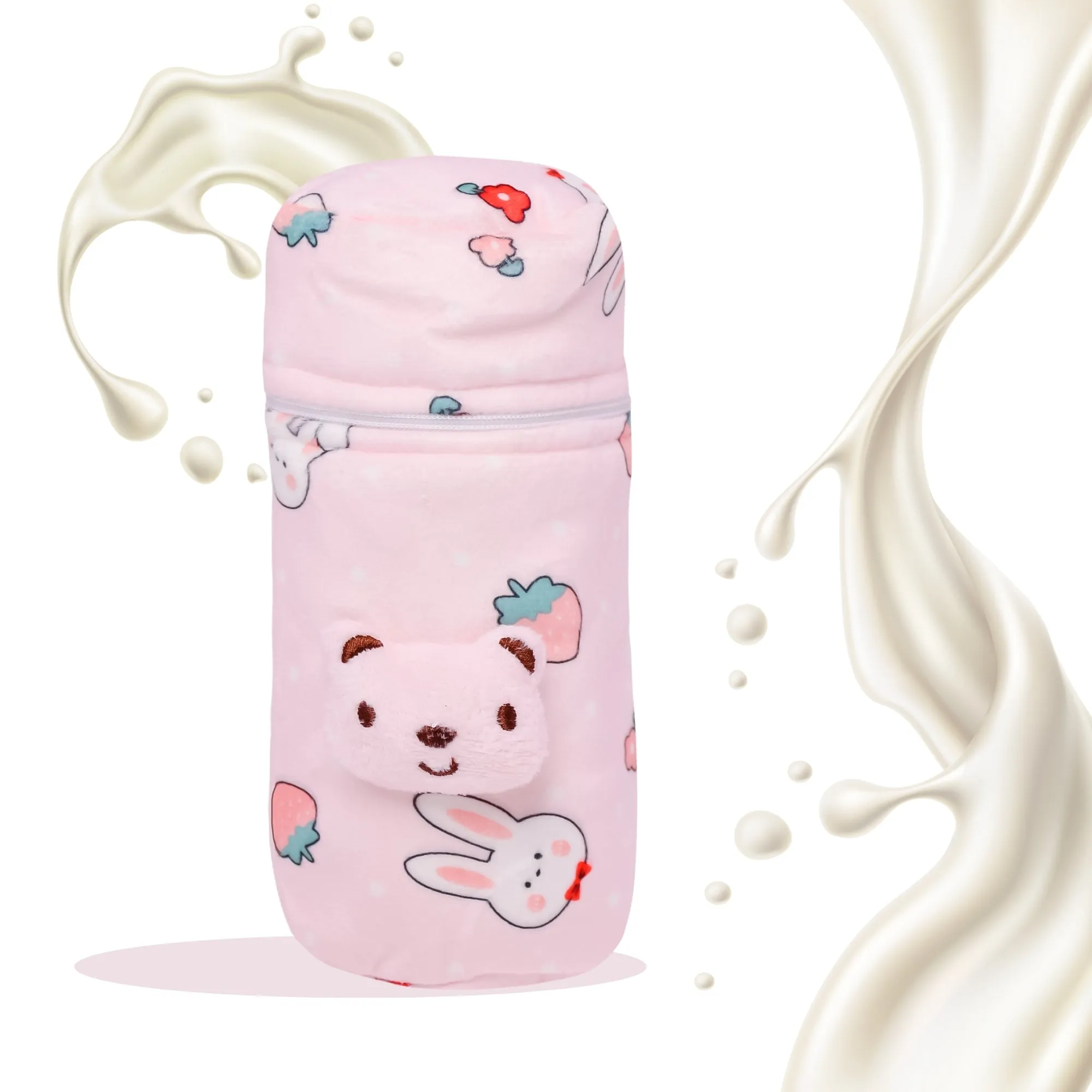 THE LITTLE LOOKERS Soft Plush Stretchable Baby Feeding Bottle Cover with Easy to Hold Strap and Zip l Feeding Bottles Cover