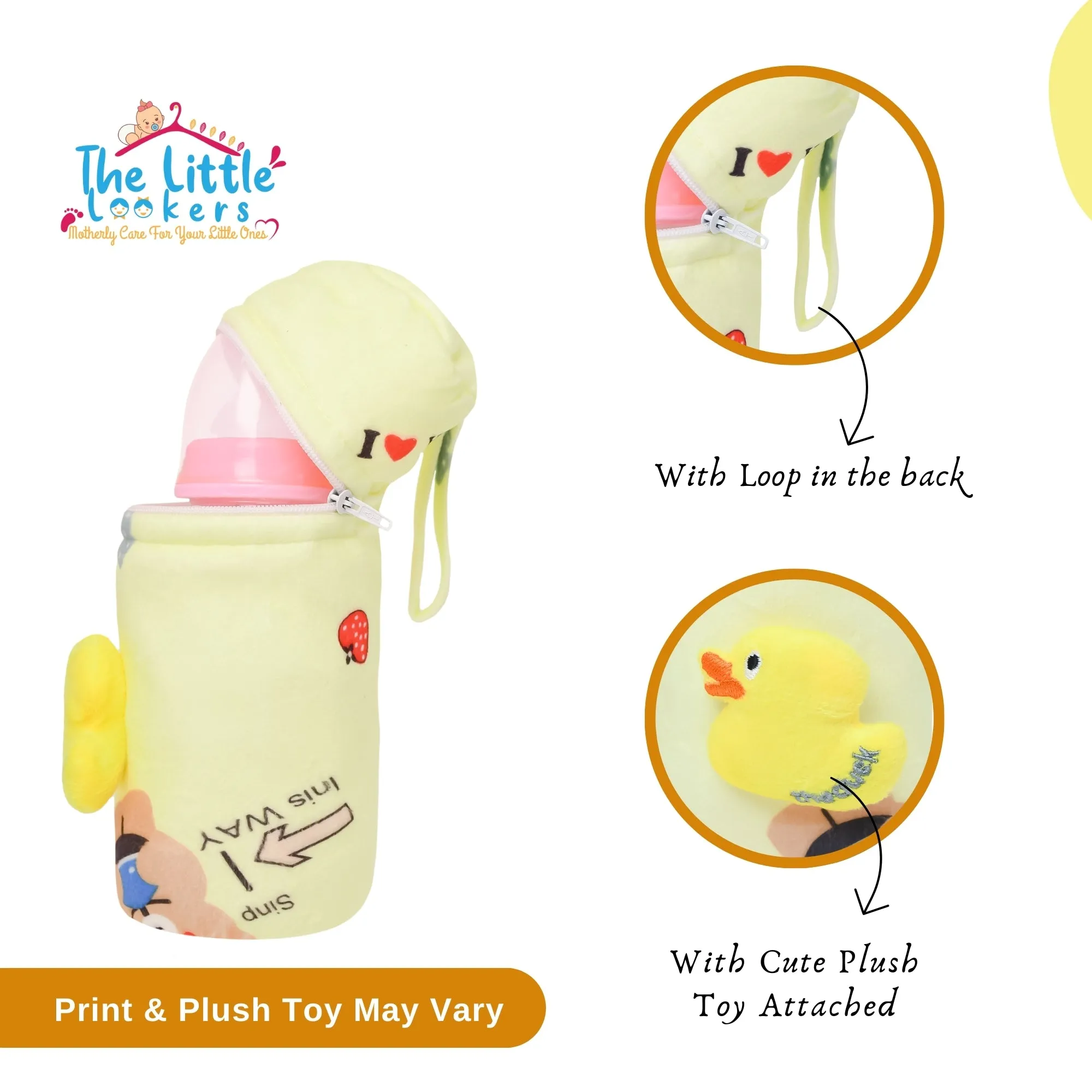 THE LITTLE LOOKERS Soft Plush Stretchable Baby Feeding Bottle Cover with Easy to Hold Strap and Zip l Feeding Bottles Cover