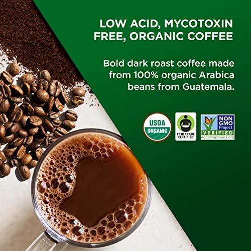 VitaCup Perfect Low Acid Coffee Beans, USDA Organic & Fair Trade, Mycotoxin Free, Dark Roast Guatemala Single Origin, Clean & Pure, Low Acidity, Whole Bean Coffee, 11 ounces