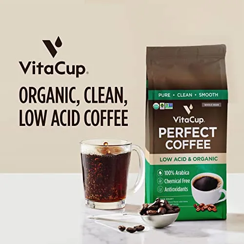 VitaCup Perfect Low Acid Coffee Beans, USDA Organic & Fair Trade, Mycotoxin Free, Dark Roast Guatemala Single Origin, Clean & Pure, Low Acidity, Whole Bean Coffee, 11 ounces