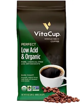 VitaCup Perfect Low Acid Coffee Beans, USDA Organic & Fair Trade, Mycotoxin Free, Dark Roast Guatemala Single Origin, Clean & Pure, Low Acidity, Whole Bean Coffee, 11 ounces